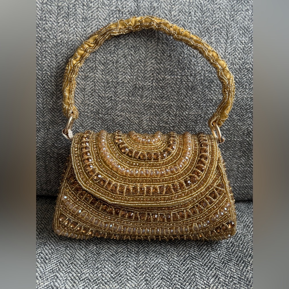 Handmade Golden Pearls and Beaded Party Clutch Bag- Brand New